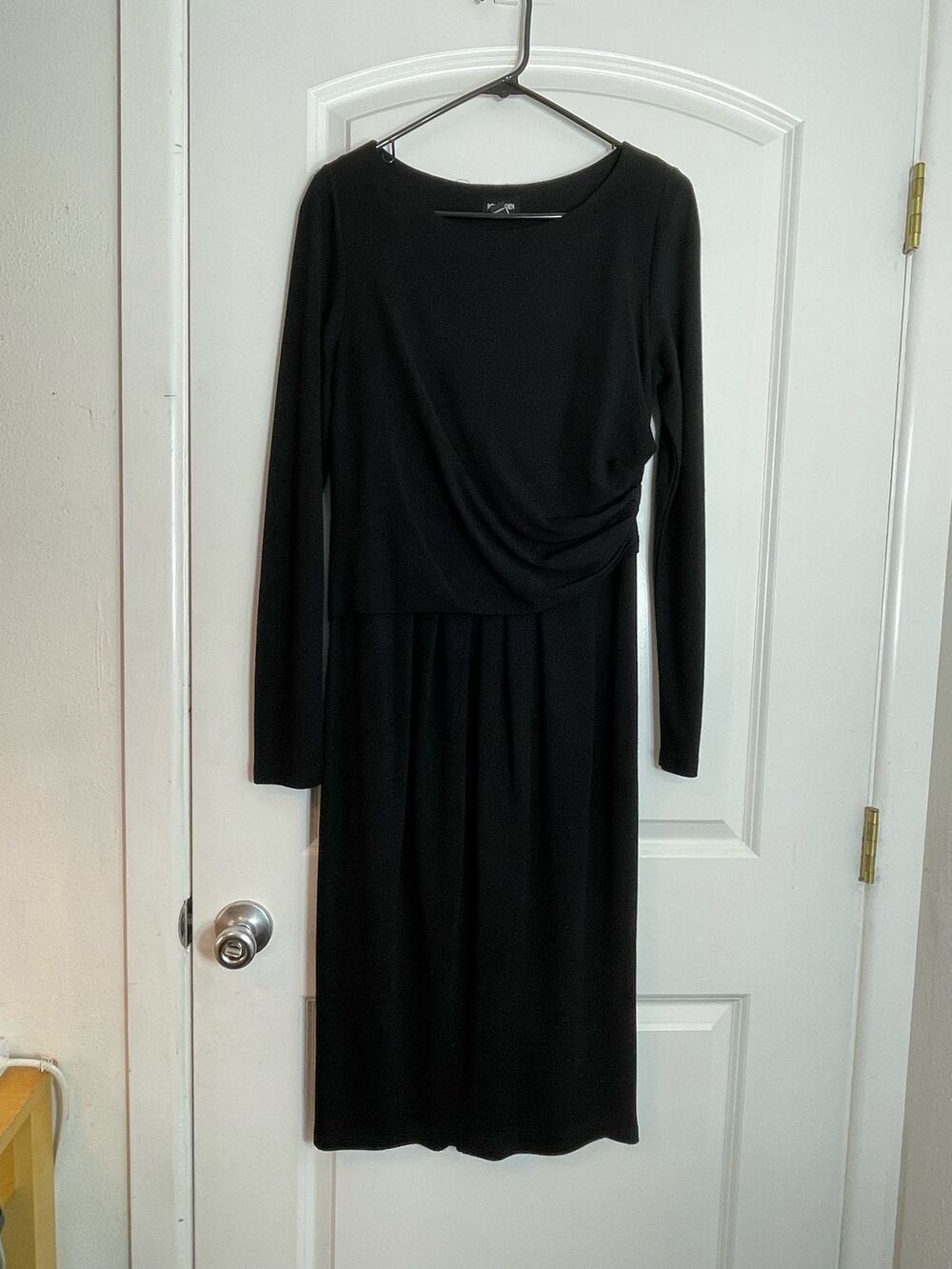 Ronen Chen Dress Medium Black Jersey Knit Ruched Officecore Minimalist Modest